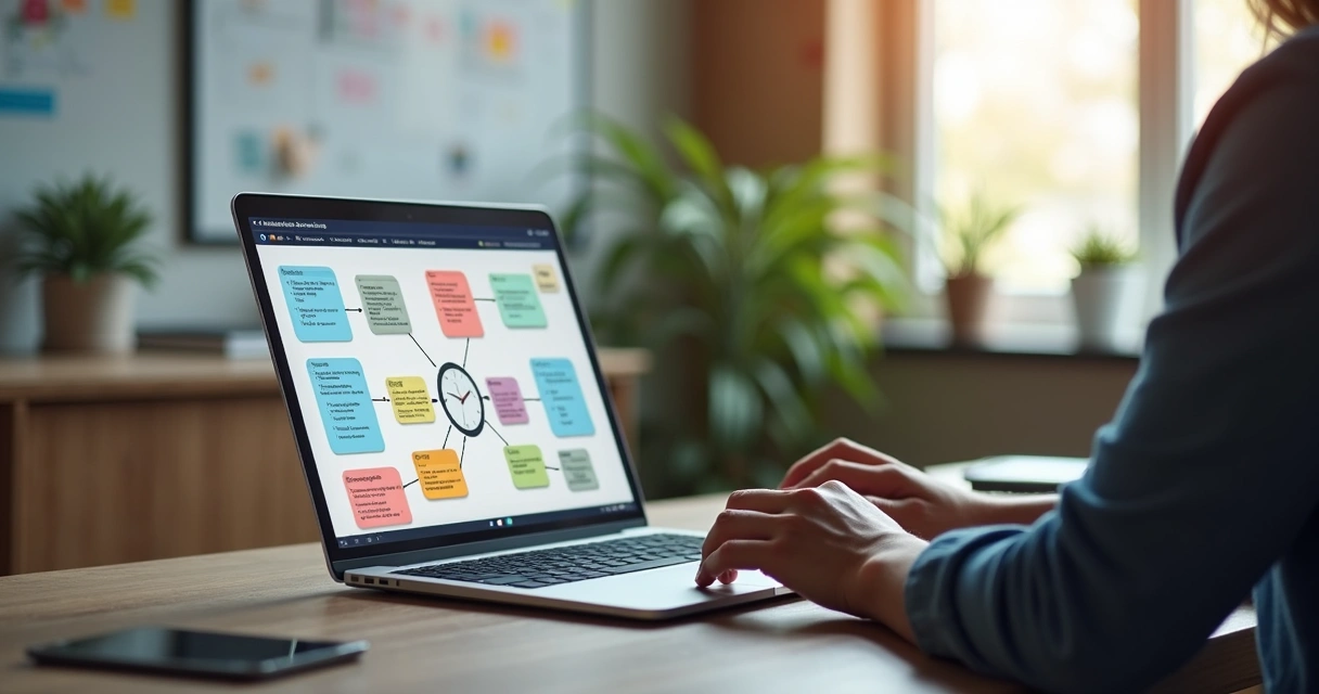 Pessoa criando roteiro ágil para workshop online em computador moderno 
