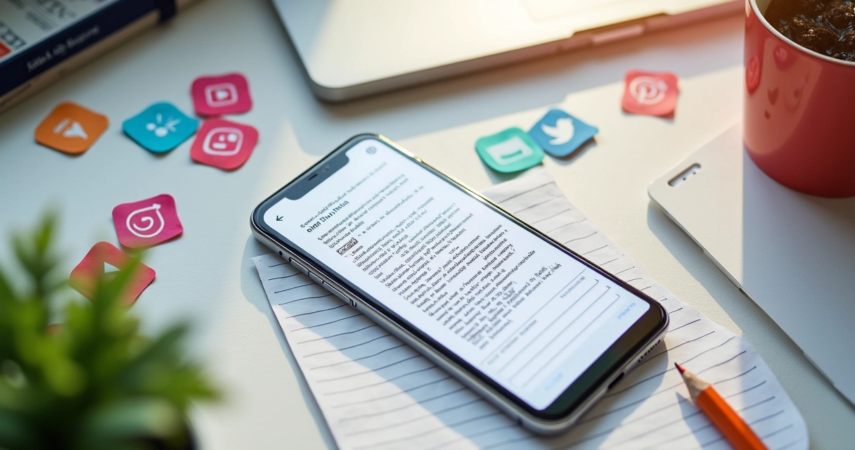 Mesa com celular e papéis de roteiros para vídeos, ícones de redes sociais ao redor 