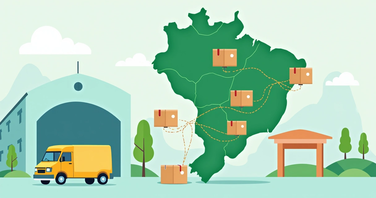 Mapa do Brasil com rotas de envio destacadas e produtos volumosos nas rotas 