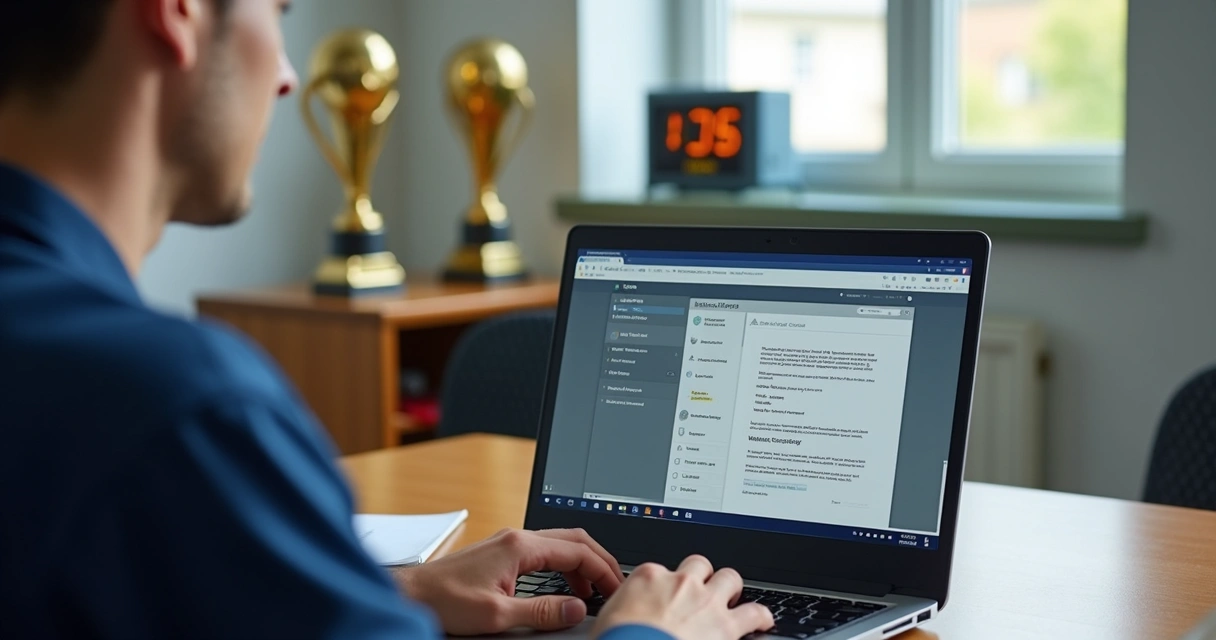 Gestor lançando matrícula digital de aluno em tela e organizando contratos virtuais 