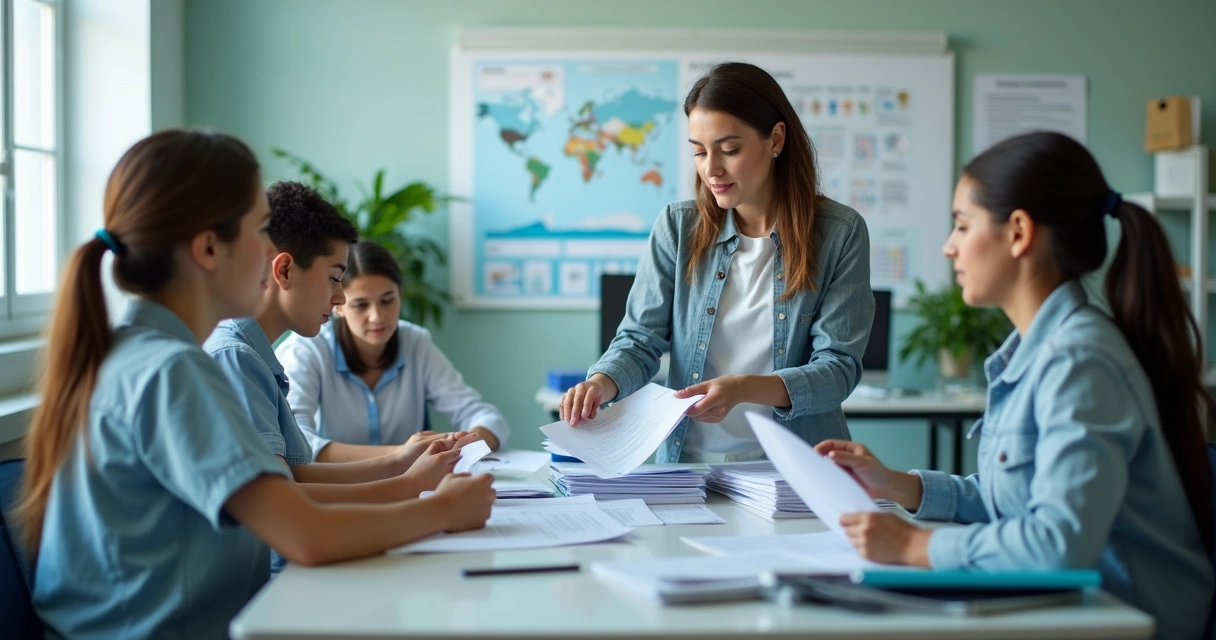 Rotina administrativa em secretariado escolar com computadores e arquivos 