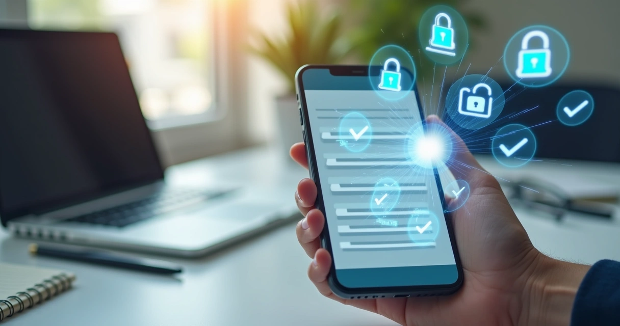 Mão segurando smartphone com tela mostrando formulário digital de admissão com ícones de segurança digital ao redor 