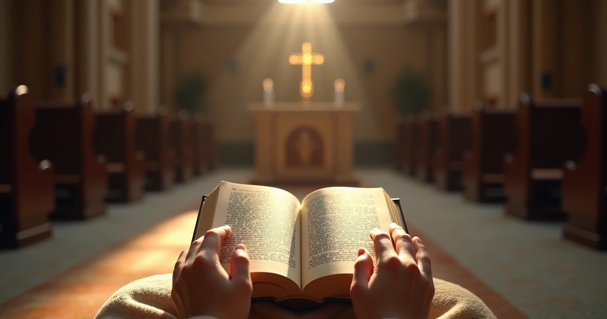 Pessoa lendo livro espiritual ajoelhada em capela com ostensório 