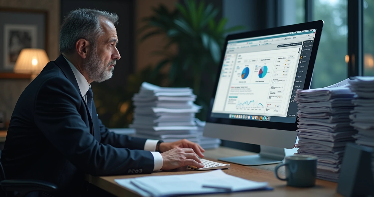 Advogado digitando em computador rodeado de pastas e documentos 