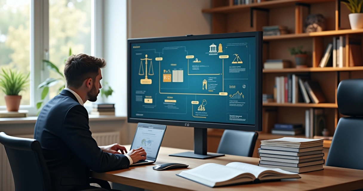 Advogado trabalhando em escritório digital com gráficos e pilha de documentos organizados 
