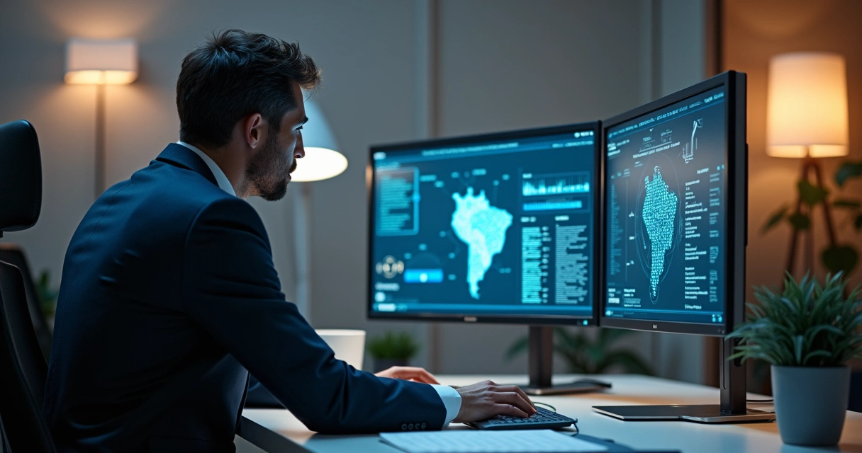 Advogado em escritório digital integrando documentos e IA