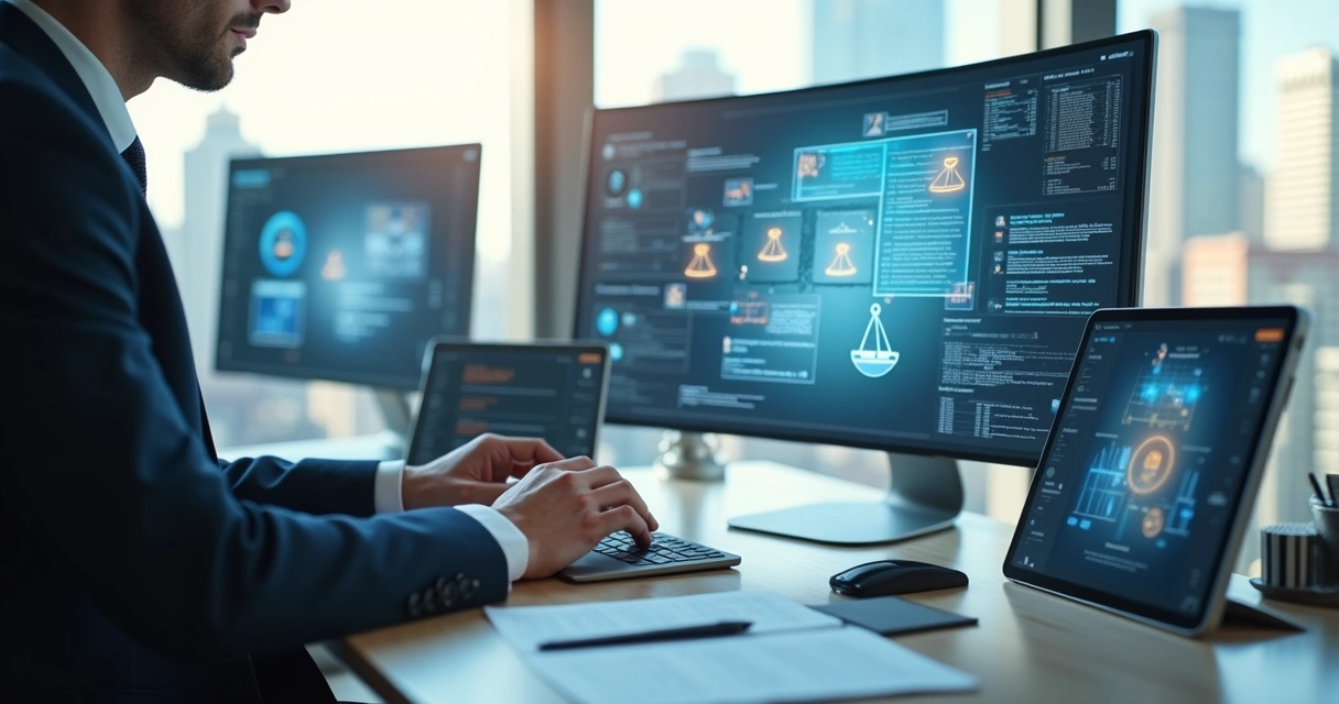 Advogado analisando processos em computador com tablets e documentos digitais em mesa 
