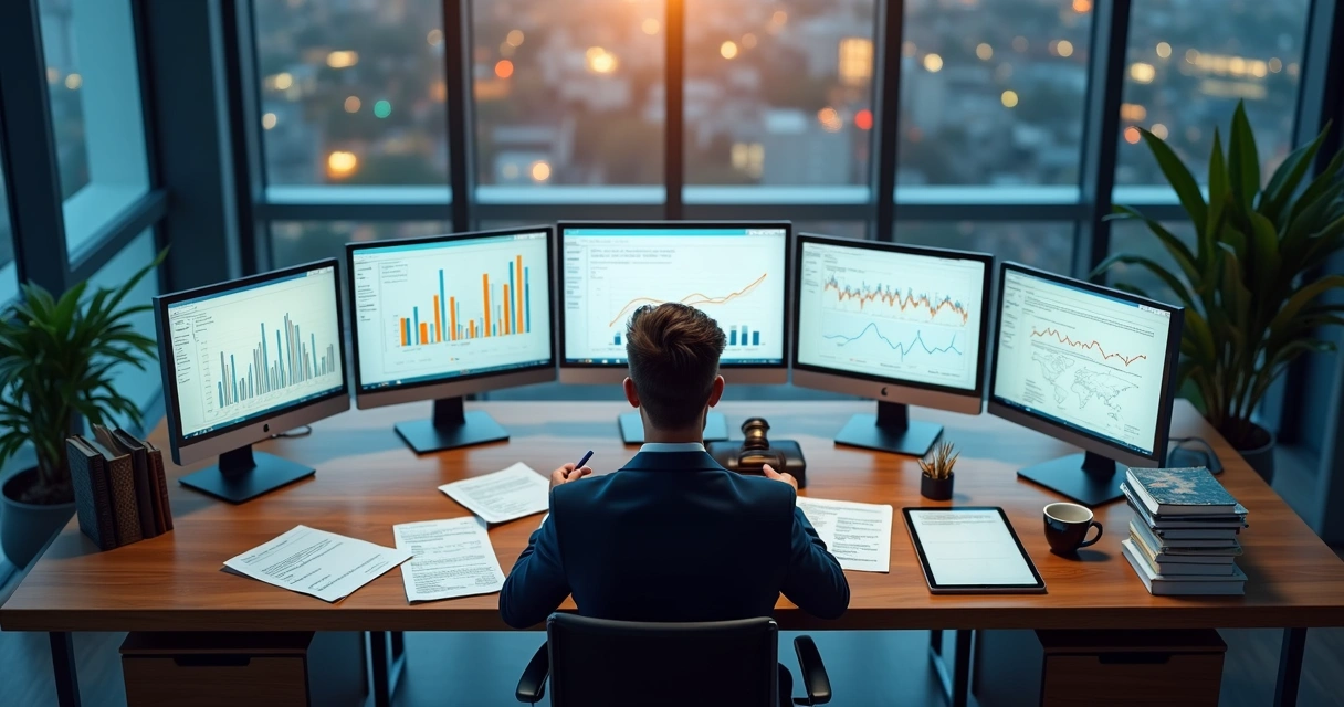 Advogado trabalhando em escritório moderno com telas de computador exibindo dados jurídicos 