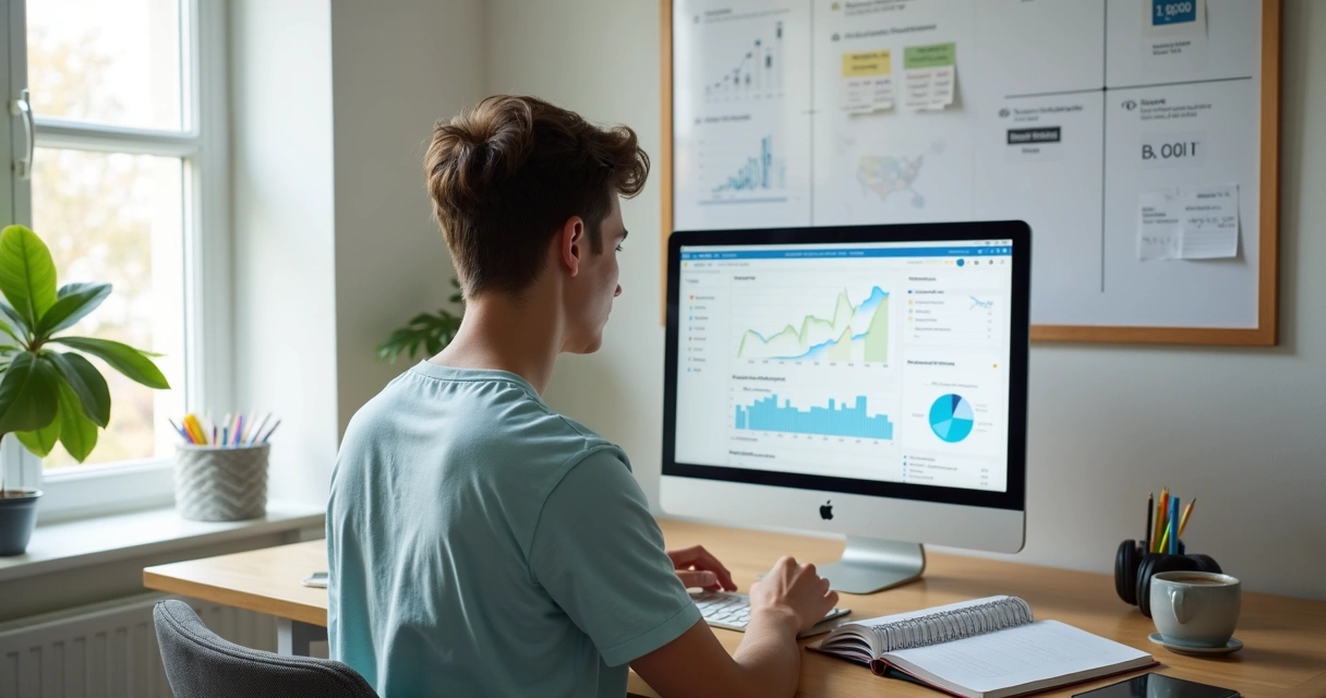 Afiliado trabalhando em home office com planner e notebook organizando rotina diária 