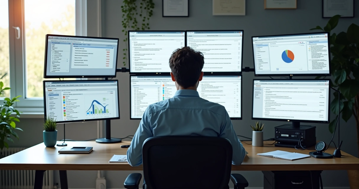 Pessoa trabalhando em agência digital analisando painéis de automação 