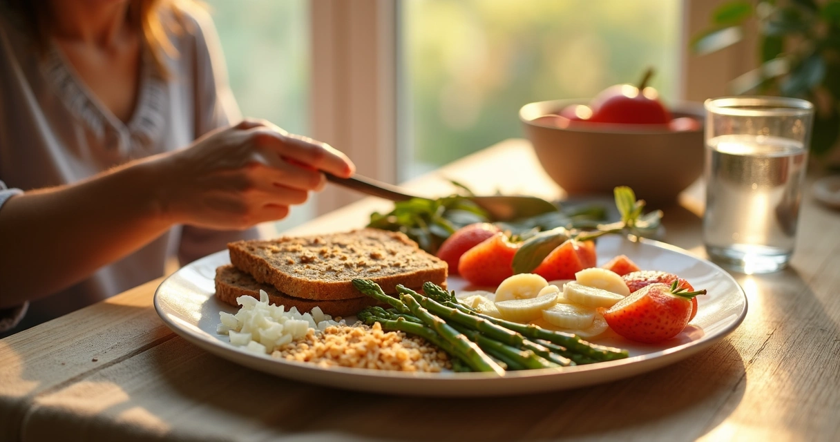Pessoa organizando refeição com alimentos naturais ricos em fibras para rotina saudável 