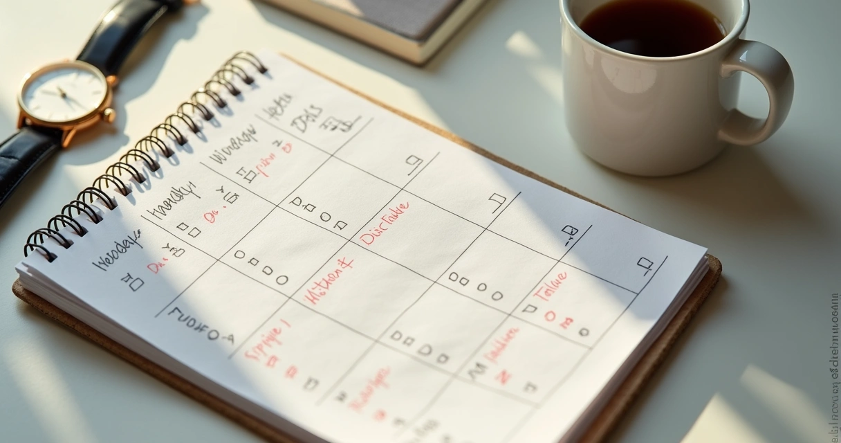 Agenda semanal com hábitos marcados e xícara ao lado
