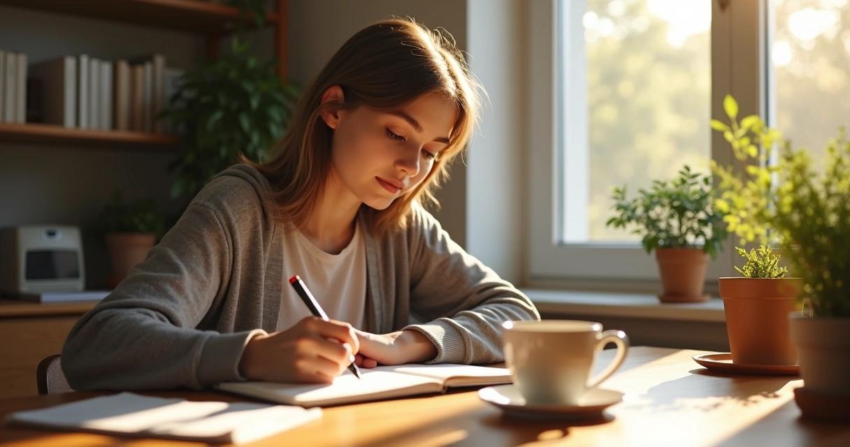 Pessoa escrevendo metas diárias em agenda ao lado de café 