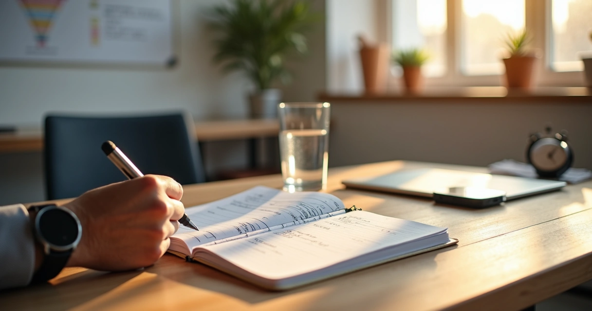 Empresário em mesa organizada revisando rotina diária em caderno aberto 