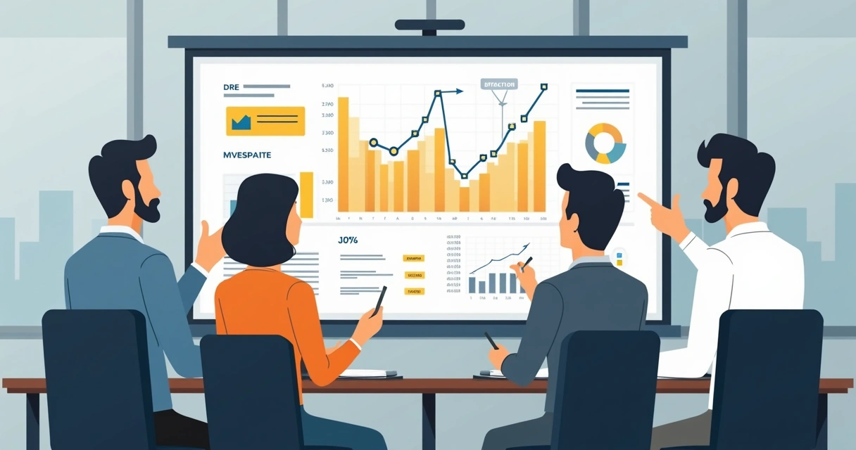 Equipe em reunião revisando DRE em tela grande com gráficos coloridos 