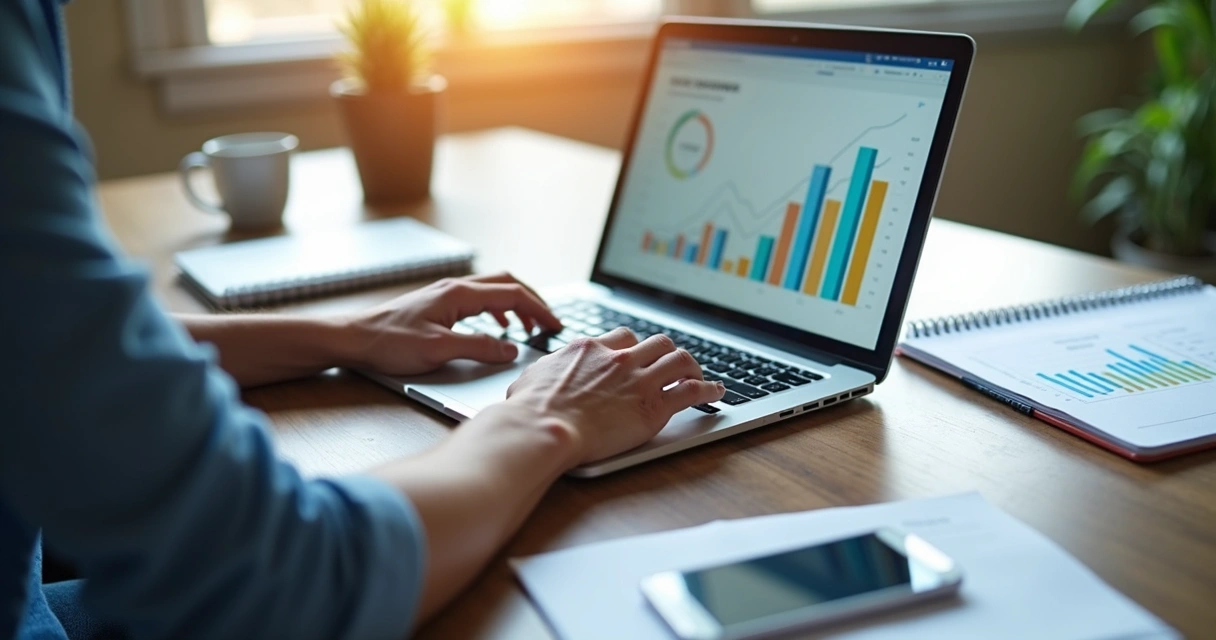 Pessoa analisando relatórios e gráficos de campanhas digitais em notebook 