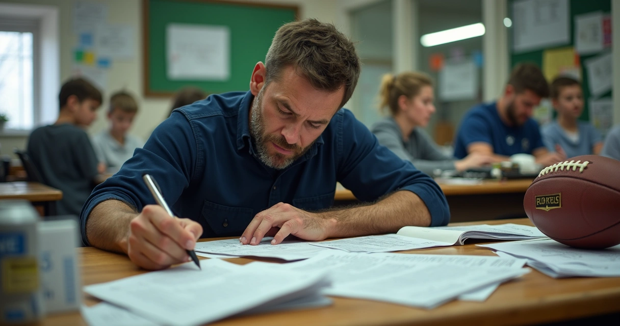 Treinador preenchendo papelada em uma mesa pequena com bolas e coletes ao redor