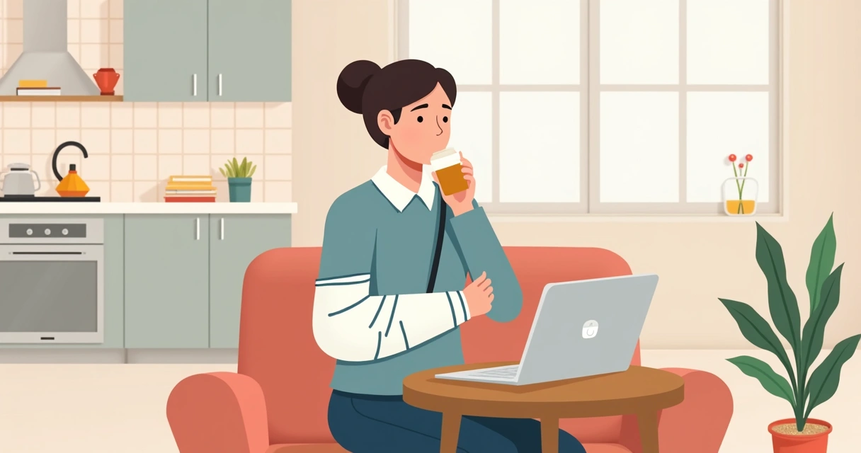 Pessoa com braço imobilizado realizando atividades diárias em casa 