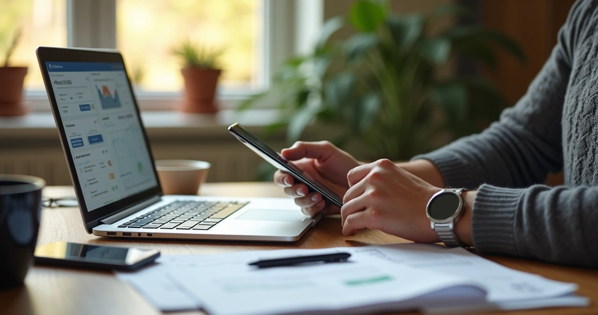 Pessoa autônoma usando app de finanças em diferentes dispositivos