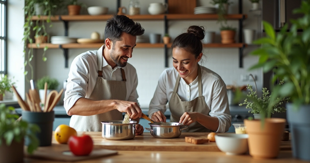 Cozinha compartilhada arrumada com panelas e decoração moderna 