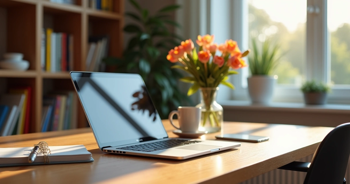 Mesa de trabalho organizada em casa com computador e flores 