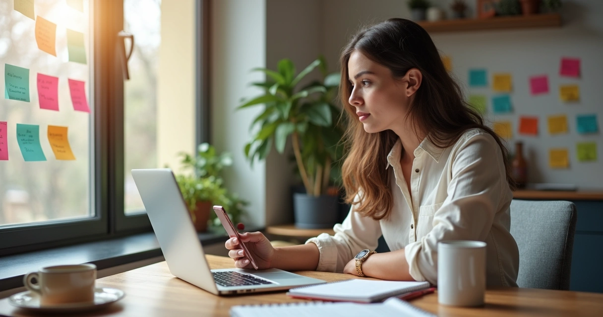 Assistente virtual com notebook e agenda organizando rotina com celular na mão 