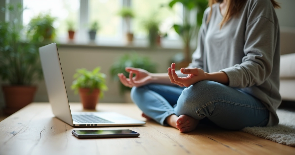 Pessoa meditando ao lado de laptop fechado em mesa