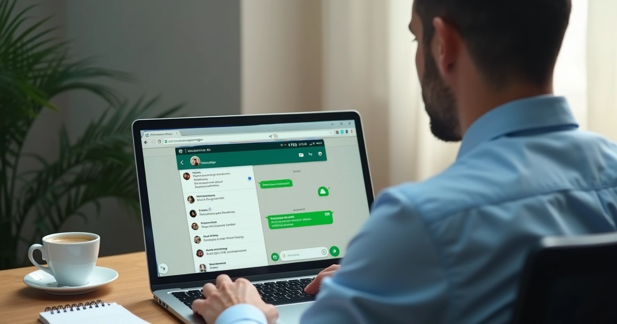 Síndico usando notebook, tela mostra conversa organizada com moradores 