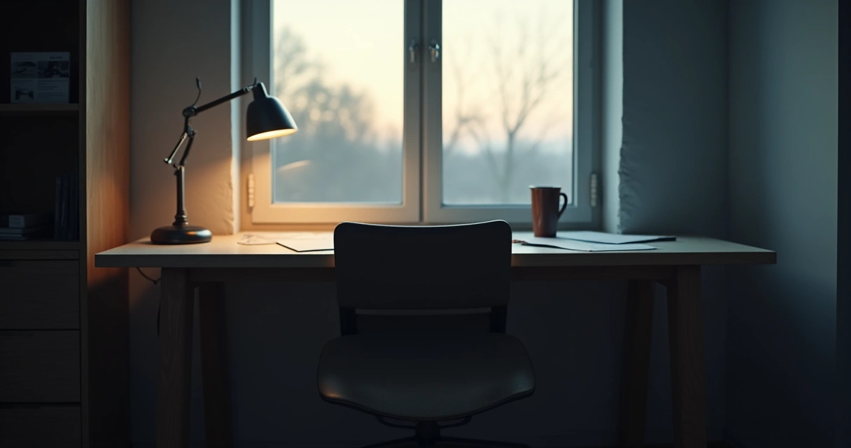 Ambiente de trabalho com cadeira vazia e janela ao fundo 