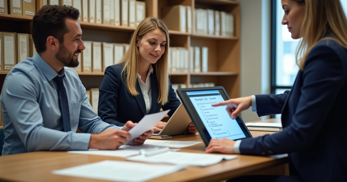Conferência manual e digital de documentos em uma sala de arquivo organizada 