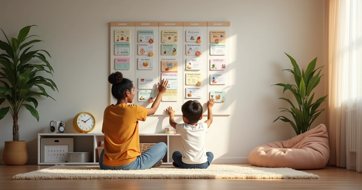 Adulto e criança autista montando agenda visual de rotina na parede da sala 