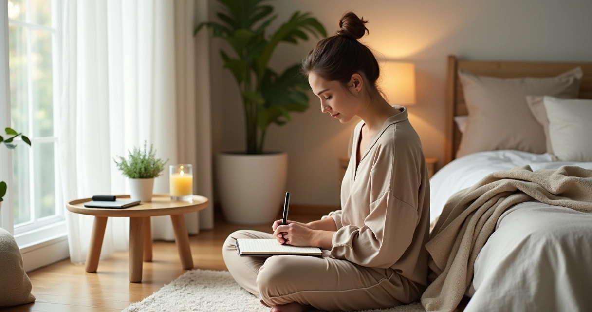 Mulher sentada no chão ao lado da cama escrevendo em um caderno de autoconhecimento pela manhã 