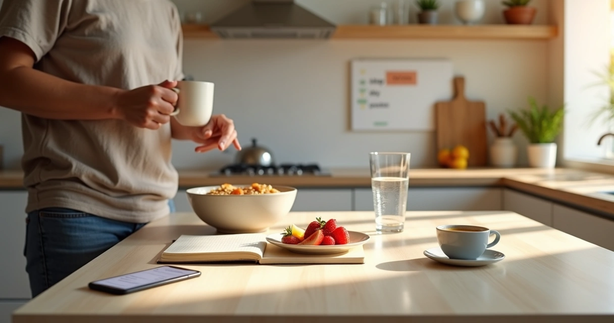 Pessoa preparando café da manhã saudável enquanto organiza lista de hábitos na cozinha 
