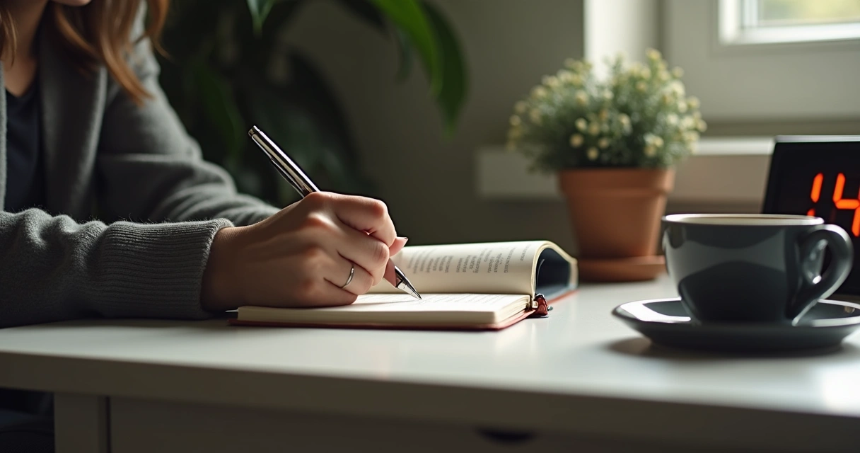 Pessoa sentada à mesa com diário e caneta, mostrando rotina de autoconsciência no cotidiano 
