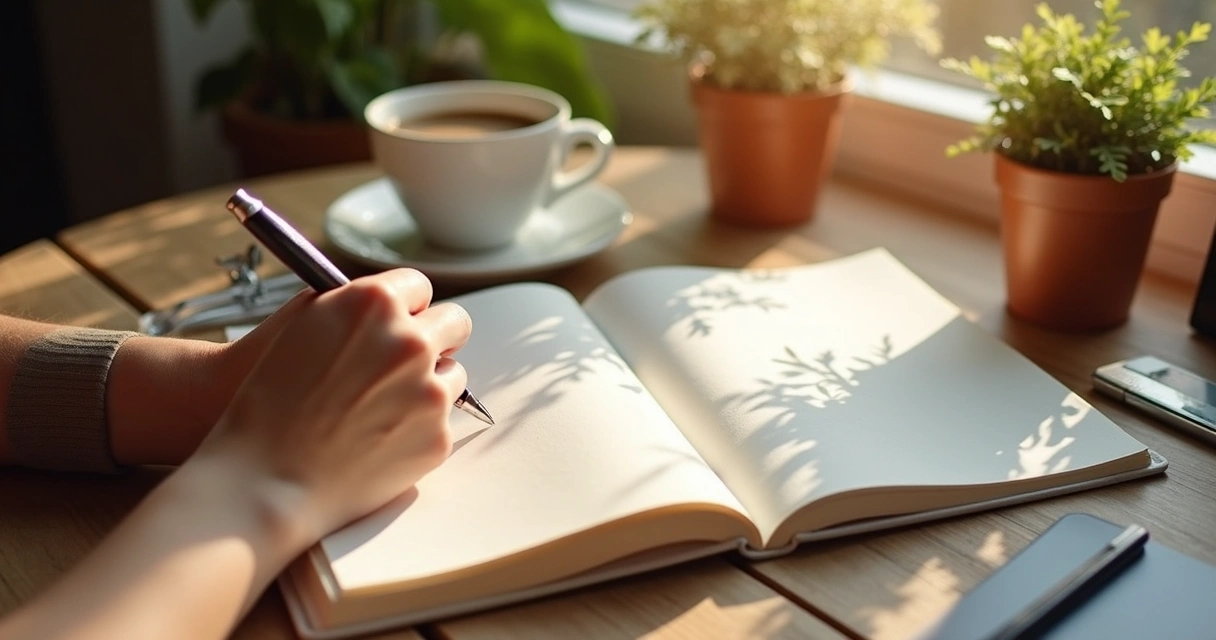 Pessoa escrevendo em um caderno em mesa de trabalho organizada com xícara de café 