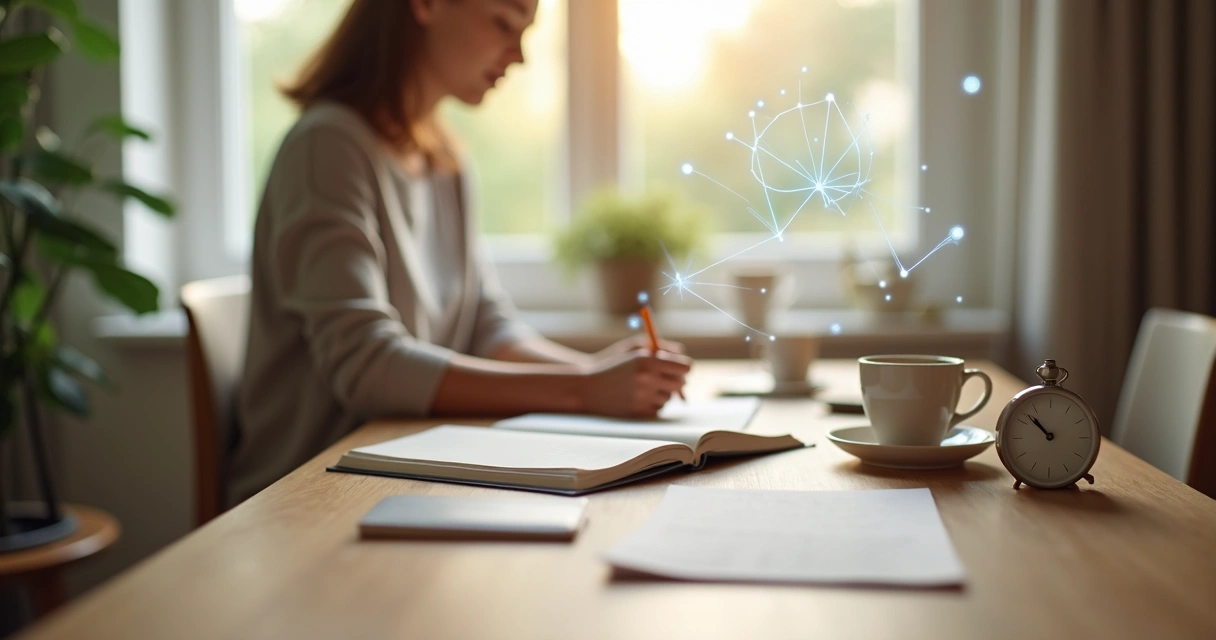 Pessoa escrevendo em diário de autoconsciência ao lado de xícara de chá e relógio sobre mesa organizada 