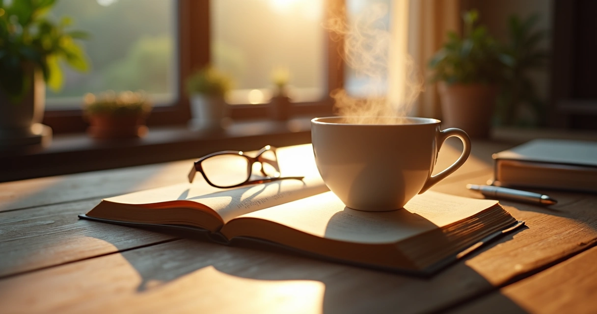 Mesa com xícara de café e livro aberto ao amanhecer 