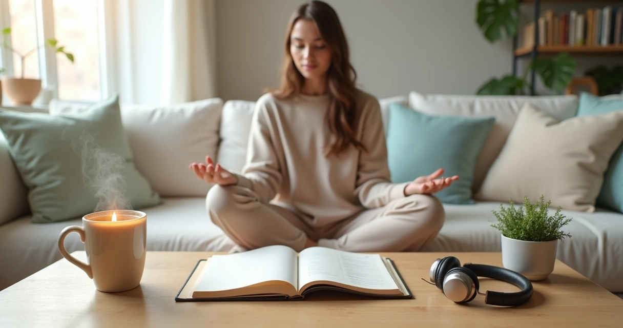 Mulher escrevendo rotina de autocuidado emocional em um caderno ao lado de itens de bem-estar 