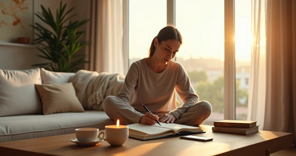 Pessoa em casa organizando rotina de autocuidado emocional em um planner 