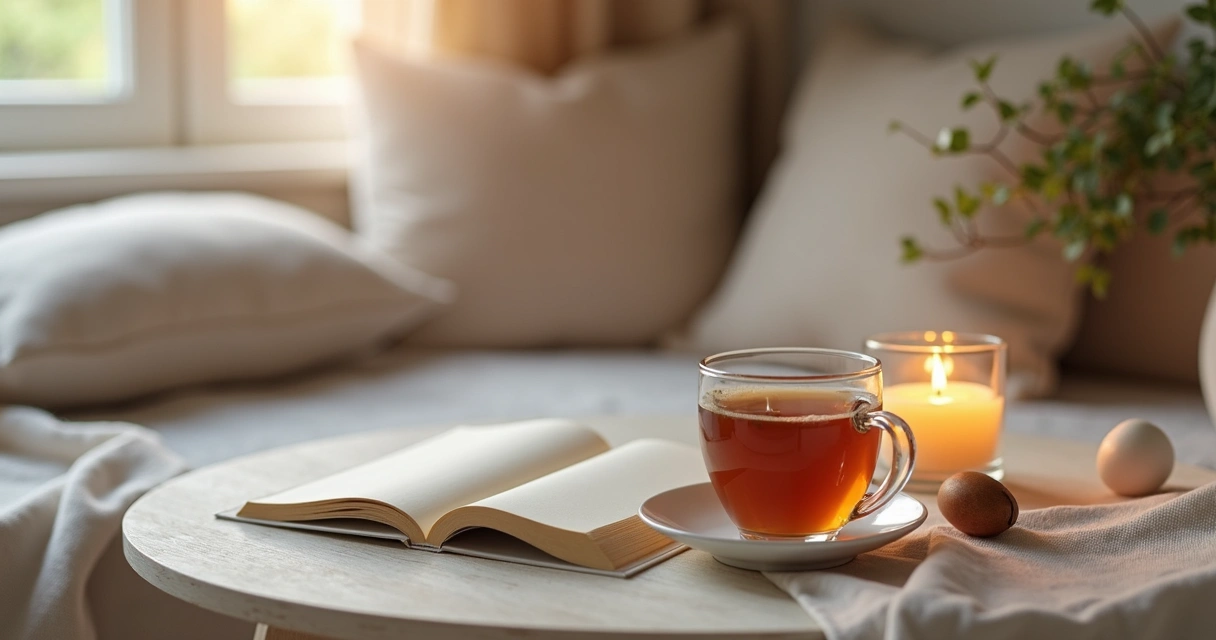 Itens de autocuidado como chá, livro, vela e almofada em ambiente tranquilo.