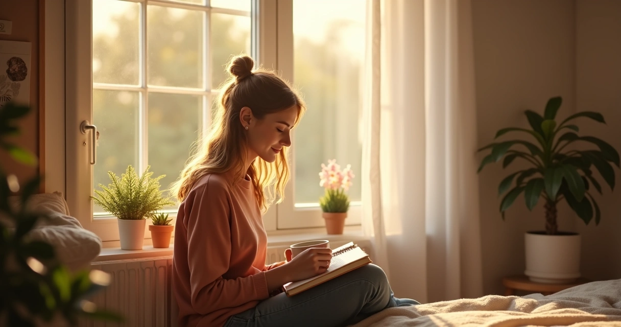 Pessoa sentada ao lado de uma janela aberta, tomando chá e fazendo anotações em um caderno 