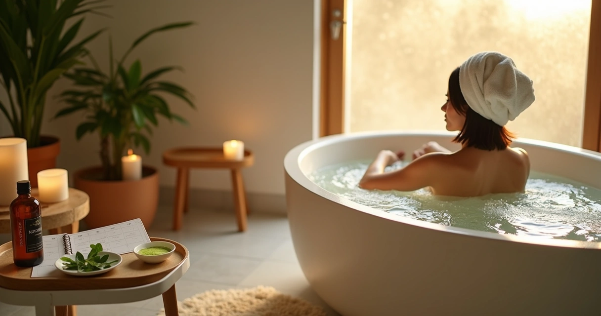 Mulher relaxa em banheiro spa com chá de moringa e planner semanal ao lado da banheira 