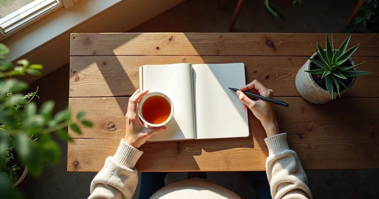 Pessoa sentada com chá e caderno sobre a mesa, ambiente de paz matinal 