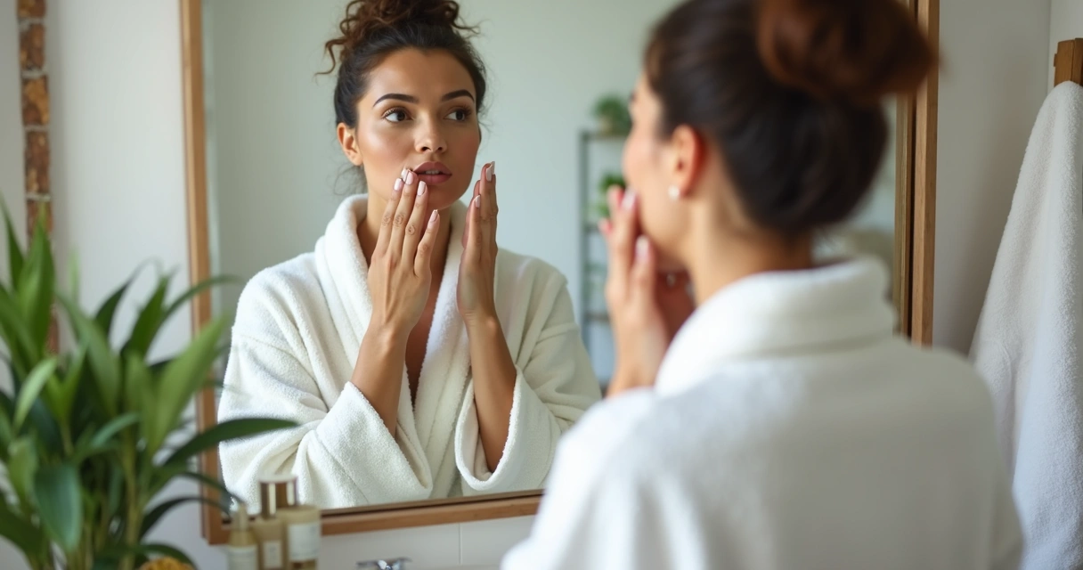 Pessoa aplicando creme facial durante rotina de autocuidado em casa 