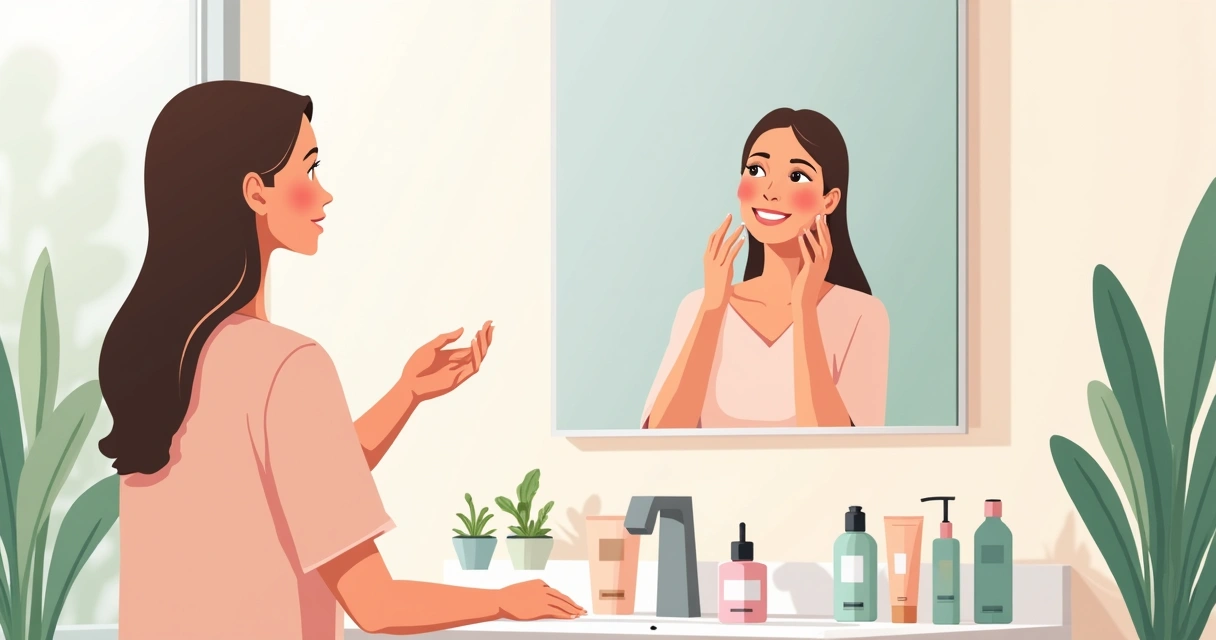 Mulher aplicando creme hidratante no rosto, ao lado de produtos de cuidados com a pele 