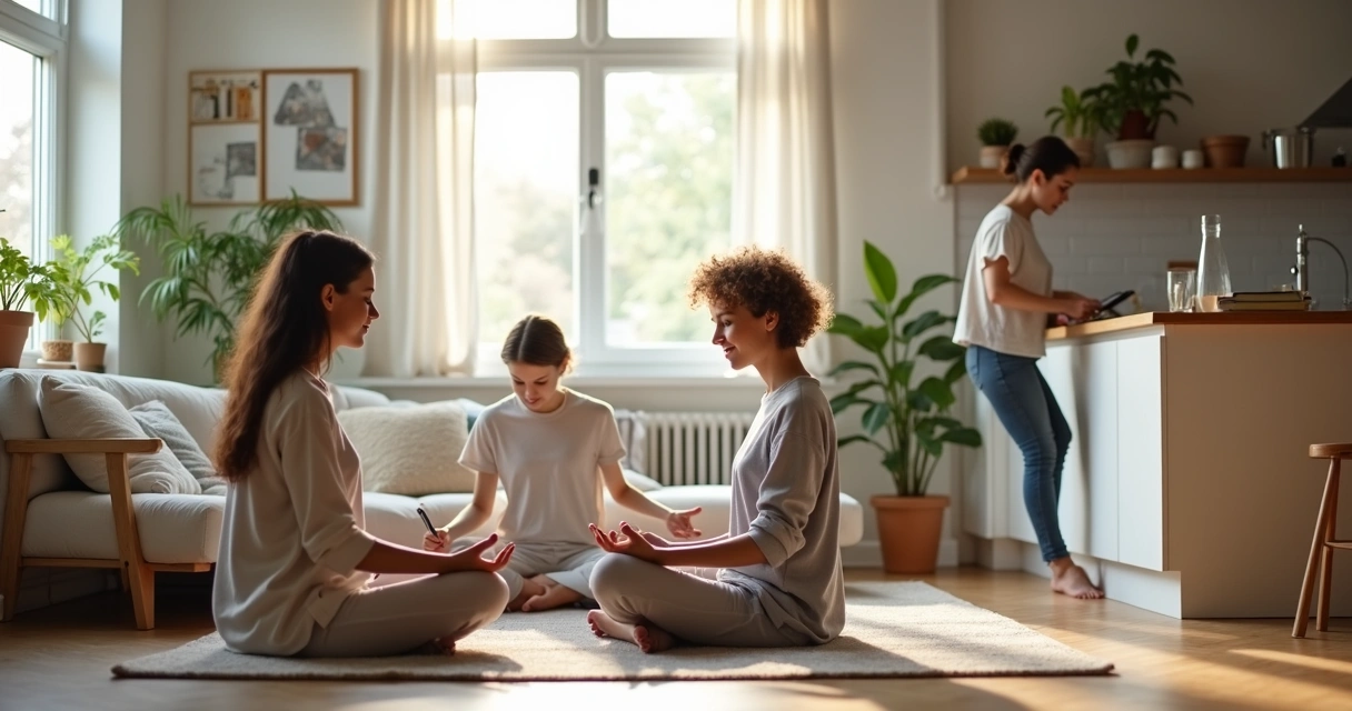 Pessoas praticando rituais de autocuidado em um ambiente tranquilo em 2026 