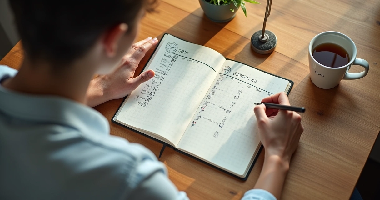 Pessoa organizando rotina de sono em um caderno 