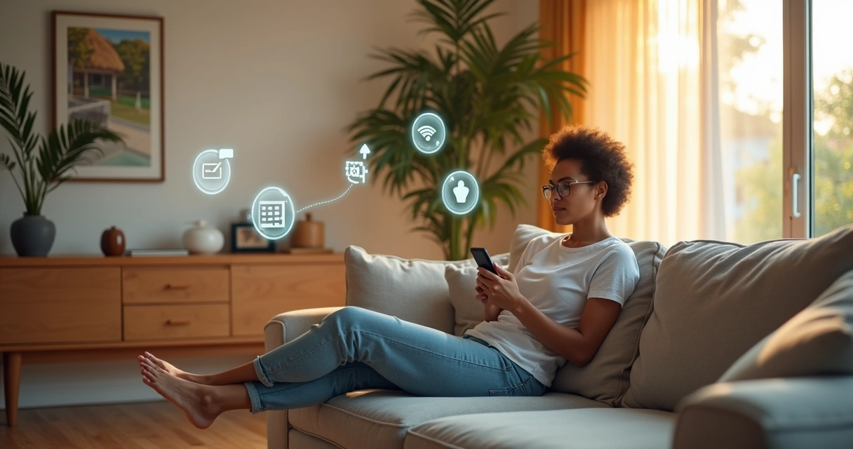 Anfitrião relaxando em sala moderna enquanto tarefas de hospedagem aparecem como ícones ao redor 