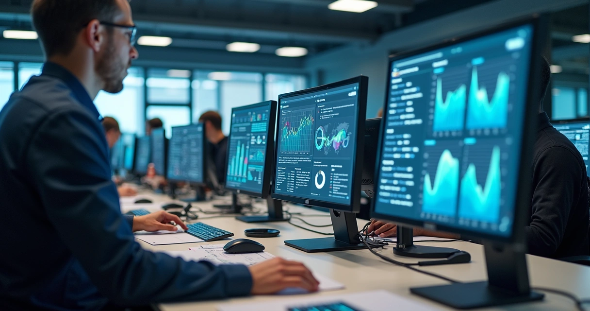 Trabalhador em escritório modernizado com computadores exibindo gráficos inteligentes 