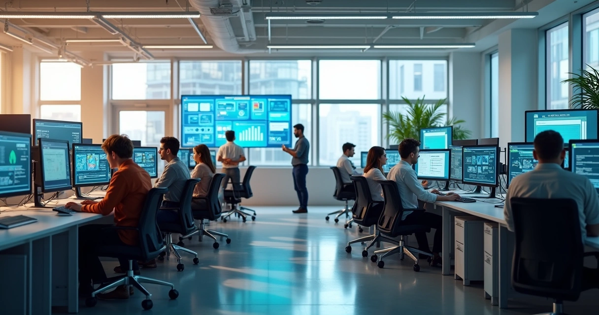 Ambiente de escritório moderno com diferentes telas e dispositivos exibindo fluxos de automação digital